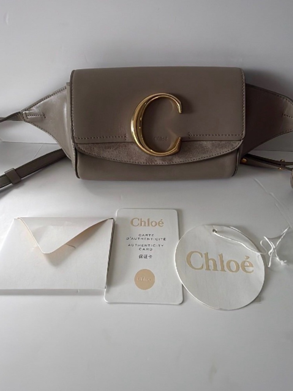 Chloé Taupe C Belt Crossbody Bag with Gold Hardware